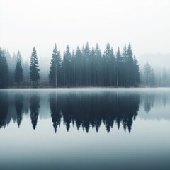 Fototapeta premium Serene misty lake reflecting a dense pine forest.