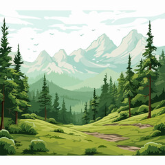 Fototapeta premium Lush Green Forest and High Mountains Illustration