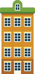 Simple vector illustration of a tall residential building with a green roof and many windows on a white background