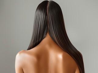 Joyful Japanese Woman with Long Shiny Hair from Behind