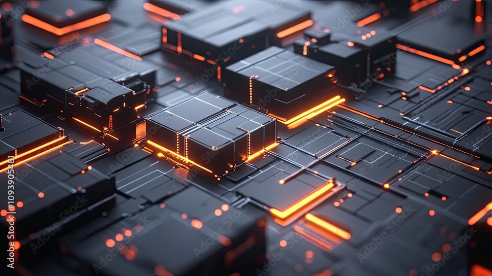 Poster abstract 3d rendering of interconnected black cubes with glowing orange lines