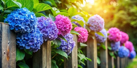 Fototapeta premium Hydrangea Flowers Vibrantly Peeking Through a Rustic Wooden Picket Fence in a Serene Garden Setting with Soft Natural Light and Lush Greenery Surrounding the Scene