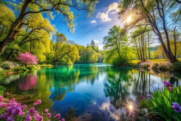 Obraz premium Idyllic Fantasy Forest with Lagoon on a Sunny Spring Morning: Long Exposure of Lush Greenery and Vibrant Blue Sky Capturing the Beauty of Nature in a Serene Landscape