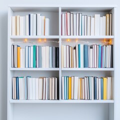 Fototapeta premium White bookshelf filled with various books and fairy lights.