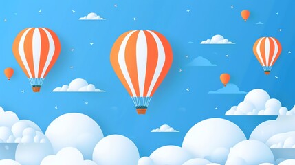 Naklejka premium A cartoon illustration of hot air balloons floating in the sky with puffy clouds.