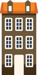 Obraz premium Tall residential building with an orange roof and brown walls stands tall, featuring multiple windows and a welcoming entrance