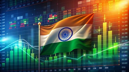 Indian Flag Waving with Stock Market Graphs in the Background, Symbolizing Economic Growth and National Pride in a Dynamic Financial Environment