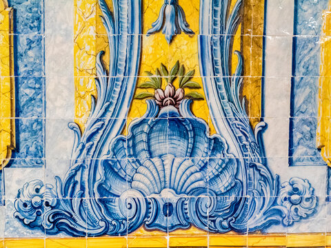 Portugal, Lisbon. Colorful azulejos, Portuguese tiles on the walls inside the Jeronimos monastery.
