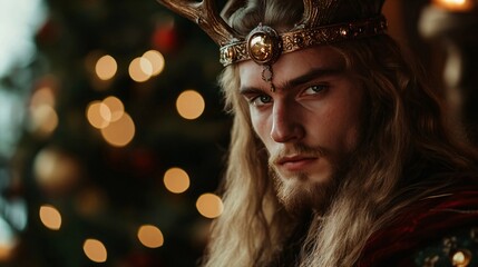 Fototapeta premium Viking warrior wearing antler crown against blurred room decorated for Christmas. Historical Nordic culture. Halloween, Yule, pagan New Year. Brutal bearded man in costume on masquerade party