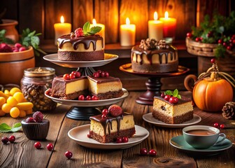 Fototapeta premium Indulge in the Richness of Delicious Cheesecake and Chocolate Brownies: A Candid Capture of Decadent Desserts Perfect for Any Sweet Tooth Gathering