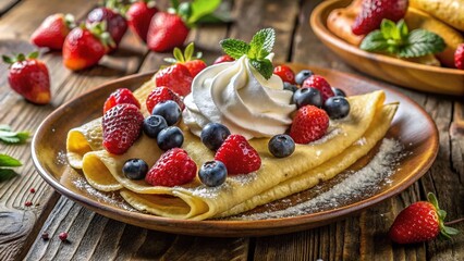 Indulge in the Sweet Delight of Delicious Banana Crepes Topped with Whipped Cream and Fresh Berries, Perfect for Breakfast or Dessert