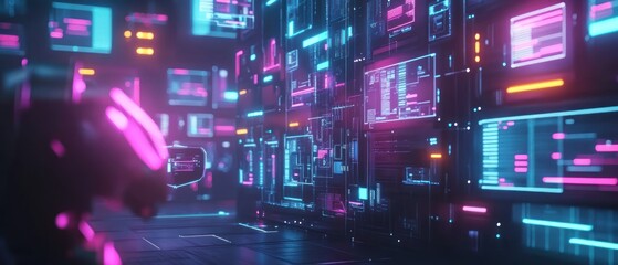 A futuristic digital environment with glowing interfaces and robotic elements.