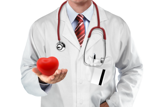 Male doctor hold heart shape exercise ball