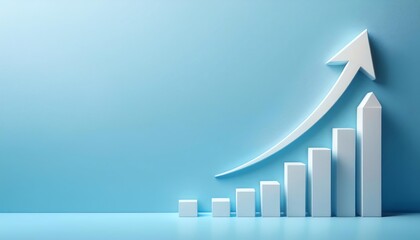 A sleek, minimalist graphic depicting a rising bar graph and arrow against a blue background, symbolizing growth and progress.