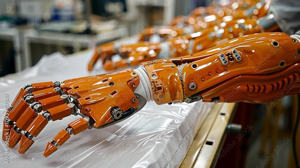 Fototapete A series of advanced robotic arms are arranged on a workbench within a technology lab. Their vibrant orange colors and intricate designs showcase cutting-edge engineering and innovation.