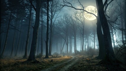 Obraz premium Spooky trees with glowing eyes on a dark forest floor under a full moon, , twisted roots, mysterious woods, glowing eyes, cloudy night