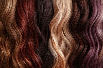 Fototapeta premium Various wavy hair strands in rich tones of brown, auburn, and blonde, showcasing natural texture and color variations ideal for beauty and fashion concepts.