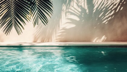 Tropical swimming pool with turquoise water, palm shadows, beige plaster wall, luxury hotel resort, summer vacation scene