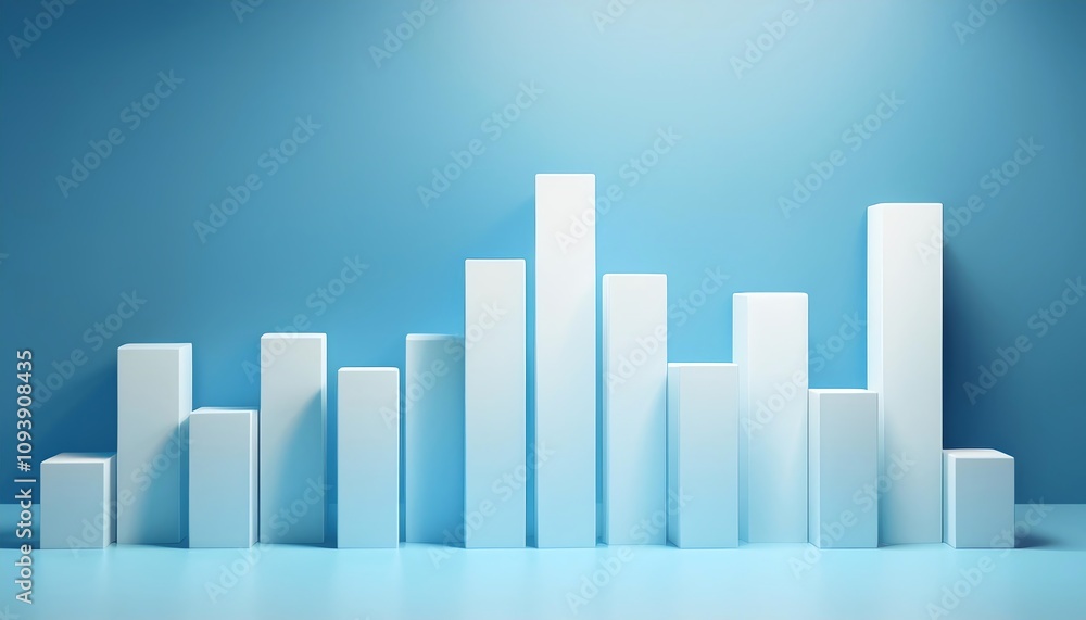 Poster a minimalist depiction of rising and falling bars against a blue background, representing data or st