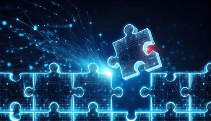 Fototapeta premium A digital puzzle piece is being inserted into a glowing puzzle, symbolizing problem-solving and technology integration.