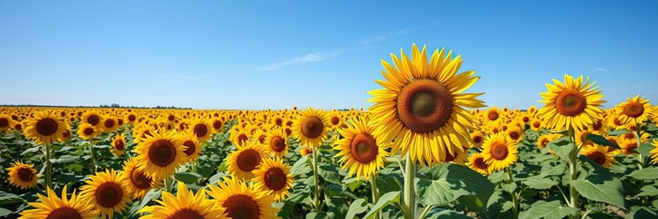 Obraz premium Sunflower fields stretch as far as the eye can see under a clear blue sky with only a few wispy strands of cirrus, brown, nature, endless