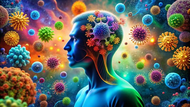 Intricate Double Exposure of Bacteria and Viruses Merging with Human Silhouette for Impactful Visual Representation of Microbial Threats and Health Awareness