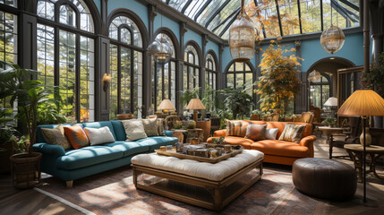 A luxurious living room with sofa, with  hardwood floors, with walls feature minimalist art and large windows