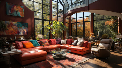 A luxurious living room with a long orange sofa, with  hardwood floors, with walls feature minimalist art and large windows