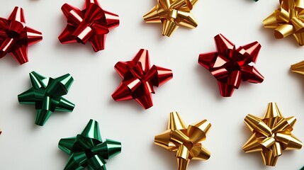 Festive star-shaped gift bows in red, gold, and green on white b