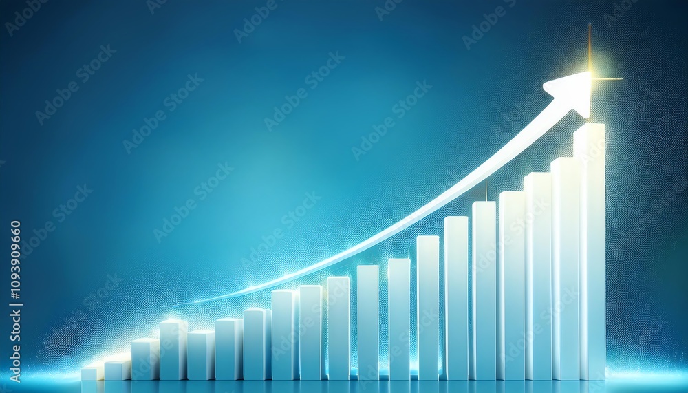 Poster a dynamic graph illustrating upward growth, featuring a series of bars with a prominent arrow indica