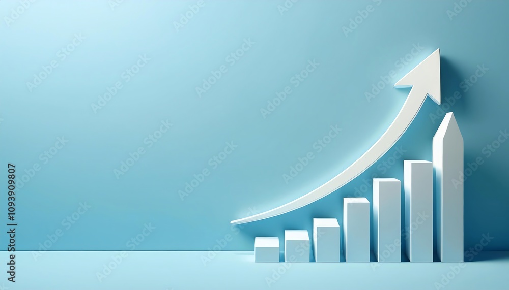 Poster a minimalist graph showing ascending bars with an upward arrow on a blue background, symbolizing gro