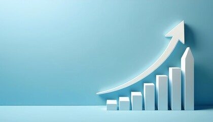 A minimalist graph showing ascending bars with an upward arrow on a blue background, symbolizing growth and success.