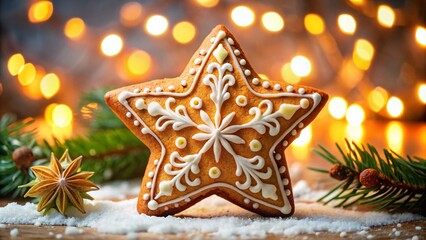 Isolated Gingerbread Star Cookie with White Sugar Icing on a Festive Background, Perfect for Holiday-Themed Projects and Delicious Treats Imagery