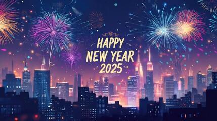 Nighttime City Skyline with Fireworks and New Year's Greeting, Colorful Celebratory Illustration of Skyscraper