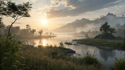 The early morning sun peeks through the misty veil over a tranquil lagoon casting an otherworldly glow on the surrounding landscape, atmosphere, morning, serenity