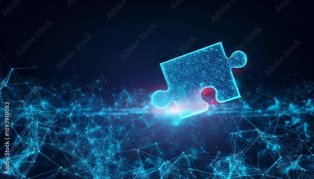 Poster a glowing puzzle piece floats in a digital network, symbolizing connectivity and problem-solving in 