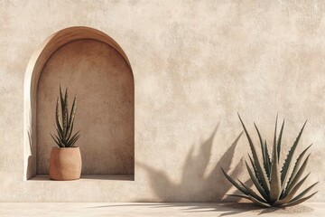 Beige Stucco Wall with Arched Window and Aloe Vera Plants in Summer Desert Ambiance