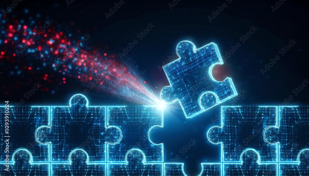 Poster a glowing puzzle piece is being connected to a digital matrix, symbolizing problem-solving and innov