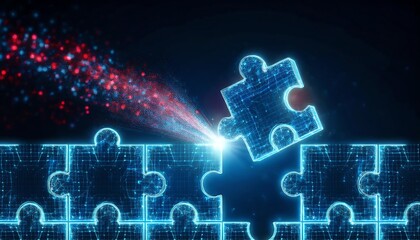 Obraz premium A glowing puzzle piece is being connected to a digital matrix, symbolizing problem-solving and innovation in technology.