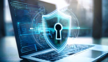A laptop displays a digital shield with a keyhole, symbolizing cybersecurity and data protection in a modern tech environment.