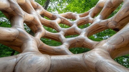 Artistic wooden structure forest architectural installation natural environment ground level unique design concept