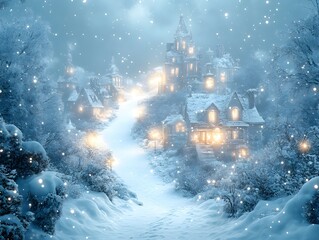 Fairy tale illustration of a snowy cityscape with snow gently falling, buildings partially visible around the edges, and a dreamy style with soft colors