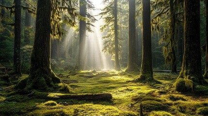 Obraz premium Sunbeams in the Emerald Forest: A Mystical Scene