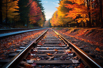 Fototapeta premium railroad tracks in autumn, railway close up. 