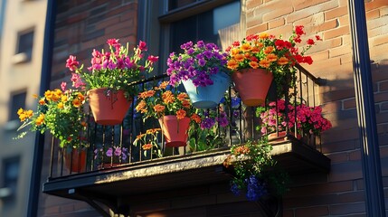 Flowers in pots on the balcony of a house in the evening.