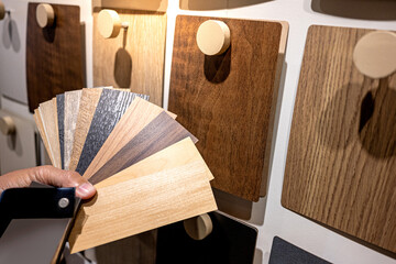 Designer hand choosing sample of wood laminated from natural collection in material showroom. Set...