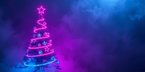 Cheerful neon pink blue light Christmas tree with glowing rings and stars on a misty smoky background, futuristic holiday scene with copy space for text,  pink,  white background