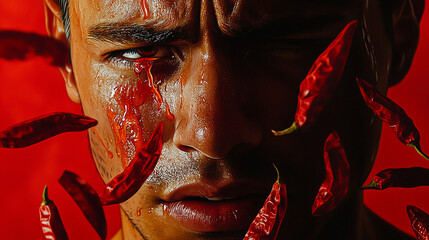 Close-up of a tear rolling down after eating spicy food