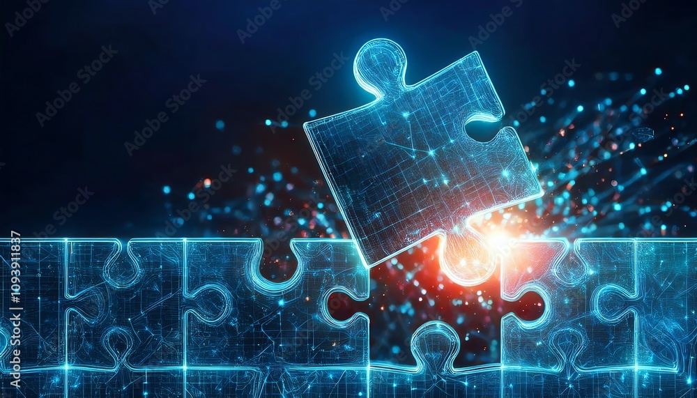 Poster a glowing puzzle piece connects to a digital grid, symbolizing innovation and problem-solving in a f