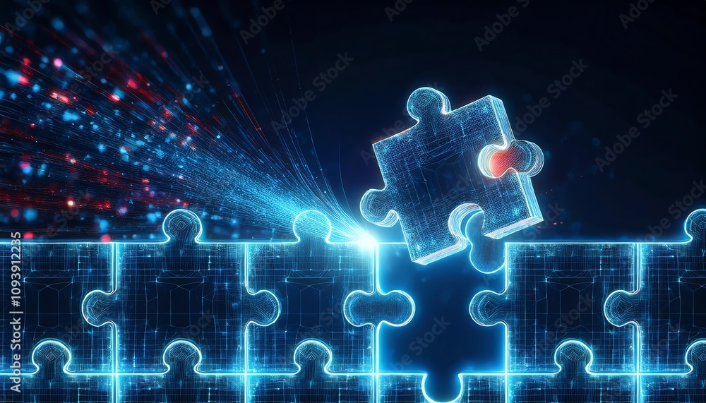 Poster a glowing puzzle piece being placed into a digital puzzle, symbolizing connectivity and problem-solv
